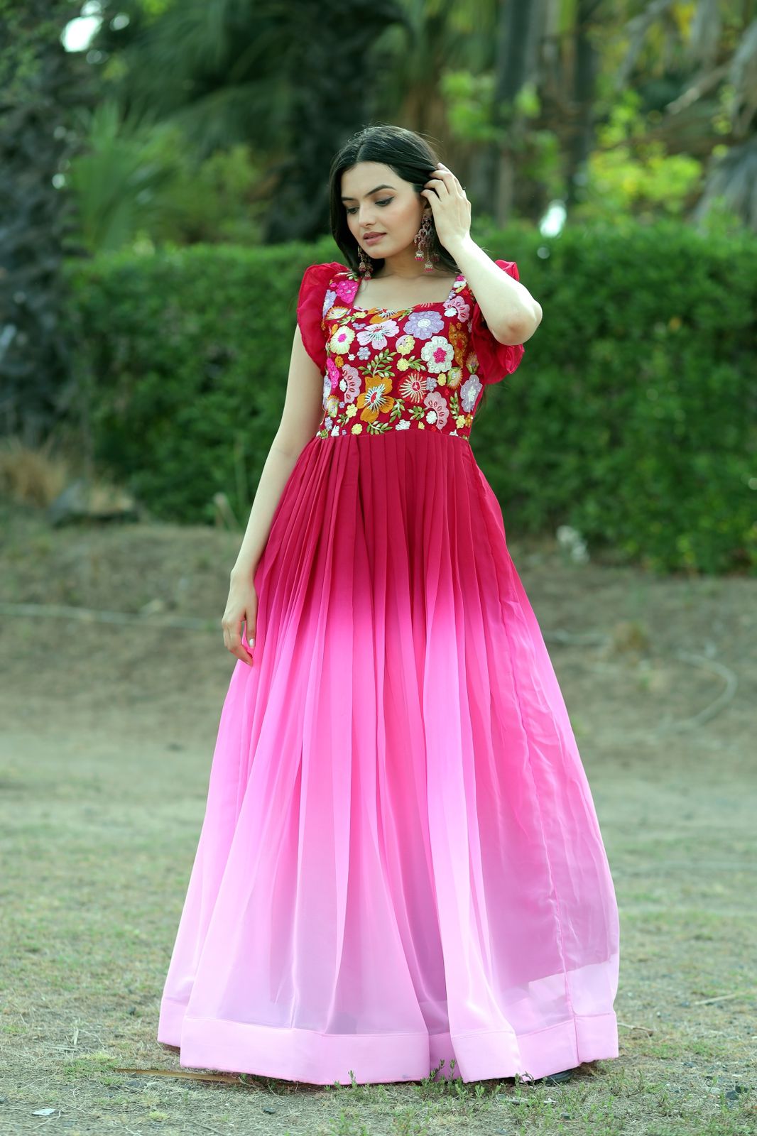 Pink Patola Digital Printed Dola Silk Gown